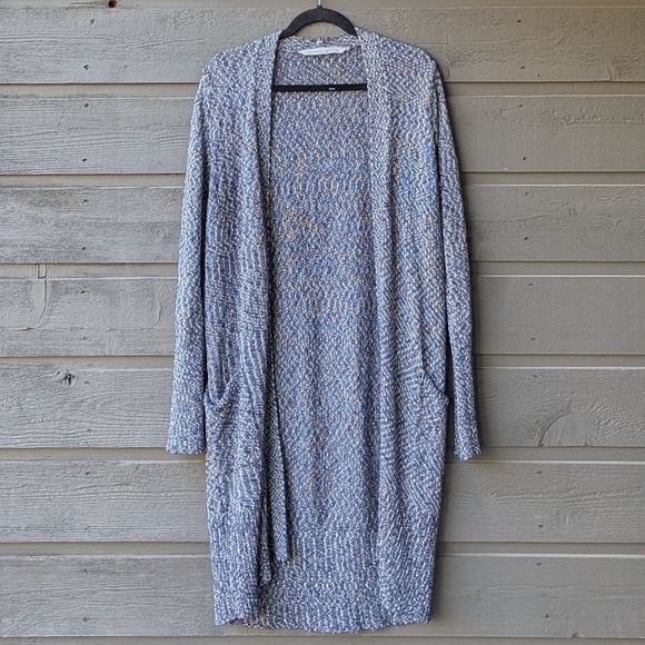 Athleta Weekend Wrap Open Front Cardigan Long Sweater With Pockets Blue White M - Picture 11 of 11